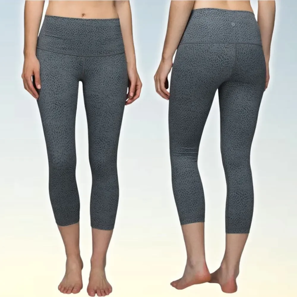 LULULEMON Wunder Under Crop II Luon Roll Down Sz 4 Dottie Dash Slate Black